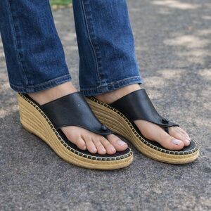 Andre Assous Black Leather Espadrille Wedge Made in Spain Boho Chic Size 8.5